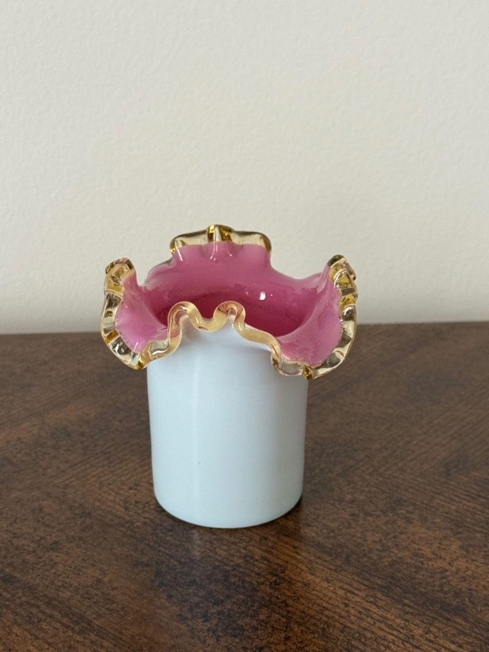 Art Glass Miniature Vase Featuring White Milk Glass body w pink interior & Amber